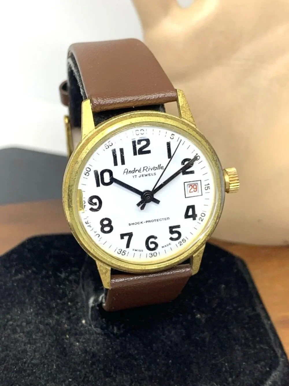 Andre Rivalle Men's Watch 8800 Vintage Swiss Hand Wind Brown Leather Strap